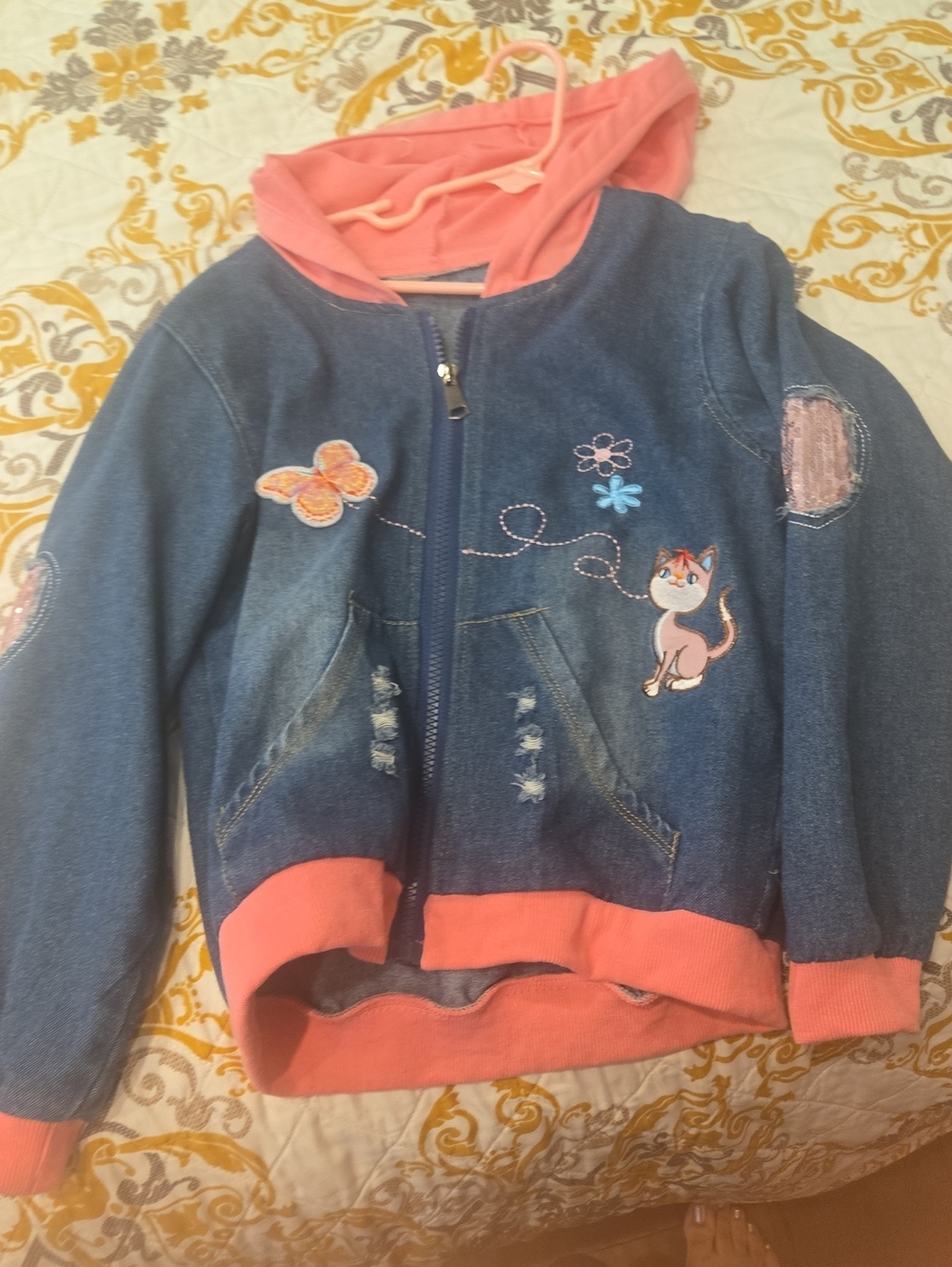 Girls' Denim Hooded Jacket with Pink Trim and Cat Appliqué